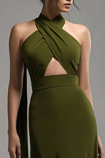 Olive Sheath Halter Cut-Out Formal Dress With Sash